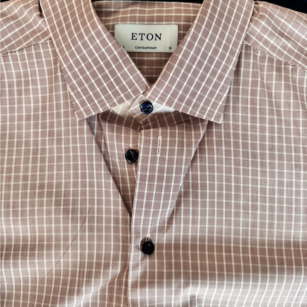 Eton Dress Shirt Men's Size 18 Contemporary Burgundy Stripe 100% Cotton